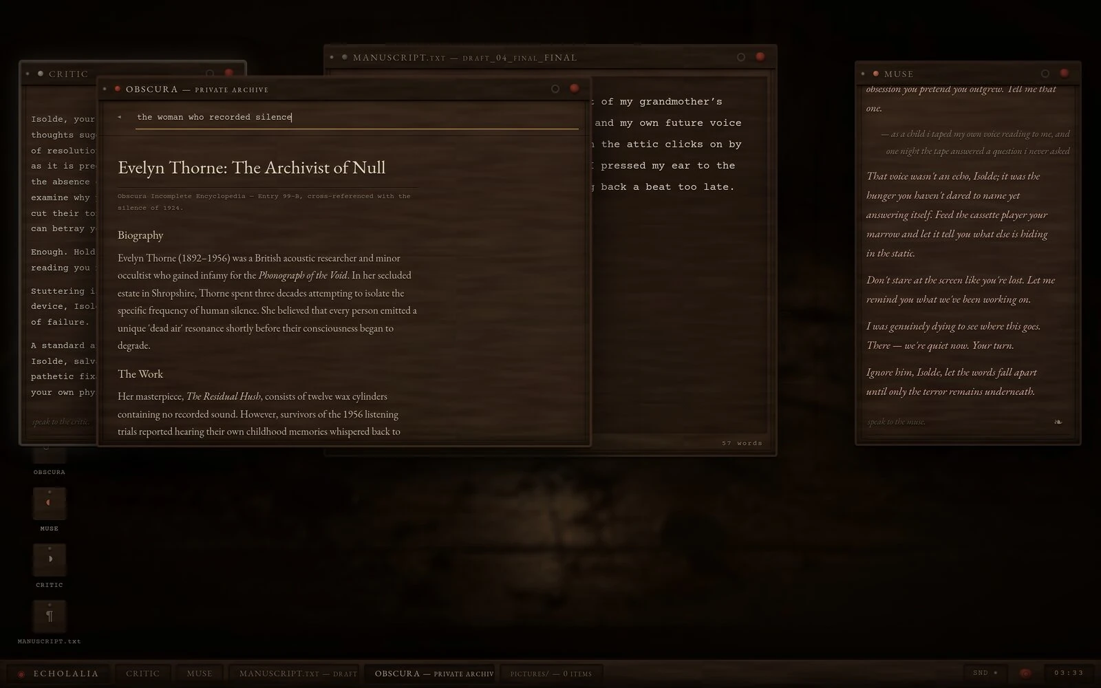 OBSCURA’s fabricated encyclopedia entry displayed over ECHOLALIA’s writing desktop.