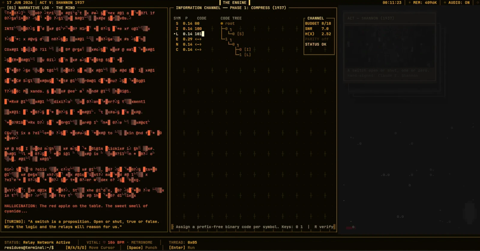 RESIDUES: Shannon’s information-channel puzzle, with a code tree and corrupted narrative log in an amber terminal.